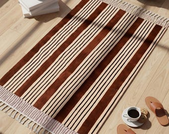 Hand Block Printed Cotton Rug, Brown Striped Boho Area Rug with Fringe