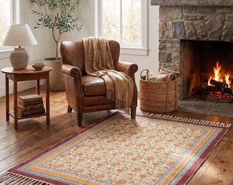 Handmade Block Printed Cotton Rug, Boho Rug, Neutral Flatweave Area Rug, Living Room and Bedroom Decor