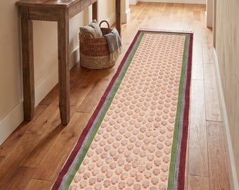 Baumwollteppich mit Hand-Blockdruck (ca. 90 x 150 cm), handgefertigter Dhurrie, Boho-Teppich, kleiner Bodenteppich, indische Wohndekoration