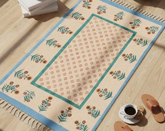 5x8 Feet Cotton Handmade Moroccan Area Rug, Boho Flatweave Floor Decor, Hand Block Printed Indian Cotton Accent Rug, Custom Size Available
