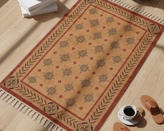 Handbedruckter Baumwollteppich, beiger Ethno-Teppich, Boho-Dhurrie-Teppich