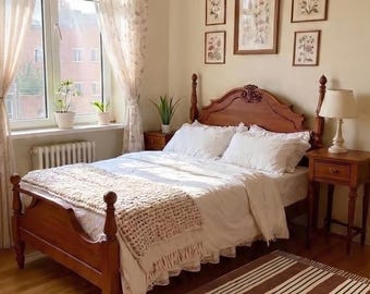 Hand Block Printed Cotton Area Rug, Brown Cream Stripes, Geometric Boho Carpet