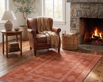 Hand Block Printed Cotton Rug, Terracotta Boho Area Rug, Farmhouse Living Room Carpet