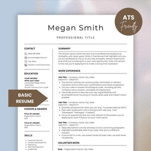 May include: A professional resume template with the name "Megan Smith" at the top. The document includes sections for contact information, education, work experience, and skills. A brown circle with the text "ATS Friendly" is in the upper right corner.