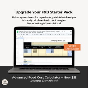Upgrade Advanced Food Cost Calculator FB Template Restaurant Café Catering Spreadsheet Google Sheets & Excel