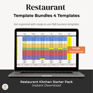 May include: A laptop displays a spreadsheet template with the text "Restaurant Template Bundles 4 Templates." The screen shows a color-coded table for restaurant organization. The text "Restaurant Kitchen Starter Pack Instant Download" is at the bottom.