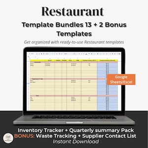 Puede incluir: Un ordenador portátil muestra una plantilla de hoja de cálculo para la gestión de inventario de restaurantes. La pantalla muestra columnas para marca, proveedor y precio. El texto en la parte superior dice "Restaurant Template Bundles".