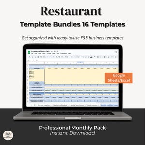 Puede incluir: Un portátil que muestra una plantilla de hoja de cálculo para la gestión de restaurantes. La pantalla muestra un diseño detallado con secciones para proveedores, costos de alimentos y seguimiento de ingresos. El texto en la pantalla incluye "Professional Monthly Pack" y "Google Sheets/Excel."