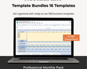 May include: A laptop screen showing a restaurant management template. The spreadsheet includes sections for suppliers, food costs, and revenue. Text on the screen includes "Professional Monthly Pack" and "Google Sheets/Excel". The image also includes the text "Restaurant Template Bundles 16 Templates."
