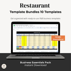 May include: A laptop displaying a spreadsheet template for restaurant business essentials. The screen shows a table with columns for days of the week and rows for various tasks. Text on the screen includes "Company name / Logo" and "Google Sheets/Excel". The image also includes the text "Restaurant Template Bundles 10 Templates".