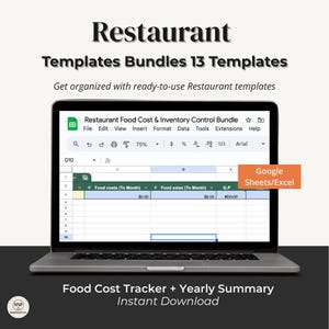 May include: A laptop displays a spreadsheet titled "Restaurant Food Cost & Inventory Control Bundle." The screen shows a table with columns for food costs and sales. Text at the top reads "Restaurant Templates Bundles 13 Templates."