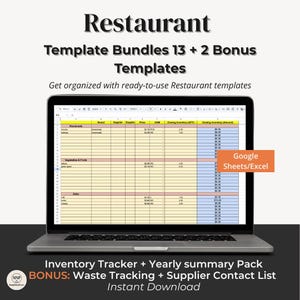 May include: A laptop displays a restaurant inventory template. The screen shows a spreadsheet with columns for brand, supplier, price, and inventory. Text at the top reads "Restaurant Template Bundles." Additional text includes "Inventory Tracker" and "Instant Download."
