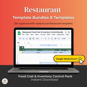 May include: A laptop displays a spreadsheet titled "Restaurant Food Cost & Inventory Control Bundle." The screen shows a table with columns for food costs and sales. Text at the top reads "Restaurant Template Bundles 8 Templates." The bottom text says "Food Cost & Inventory Control Pack Instant Download."