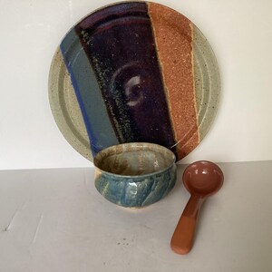 Vintage Studio Pottery Plate Bowl Set Signed Abstract Glaze Mid Century Style