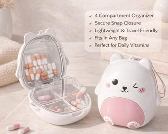 Cute Bear Pill Organizer, Travel Pill Box with 4 Compartments, Small Portable Medicine Case, Kawaii Gift for Women