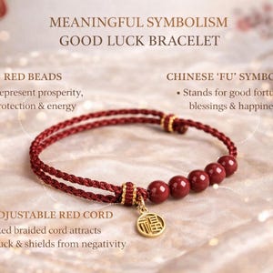 Good Luck Feng Shui Bracelet, Red String Wealth Bracelet with Fu Charm, Protection & Prosperity Bracelet, Adjustable Lucky Gift for Her bild 2