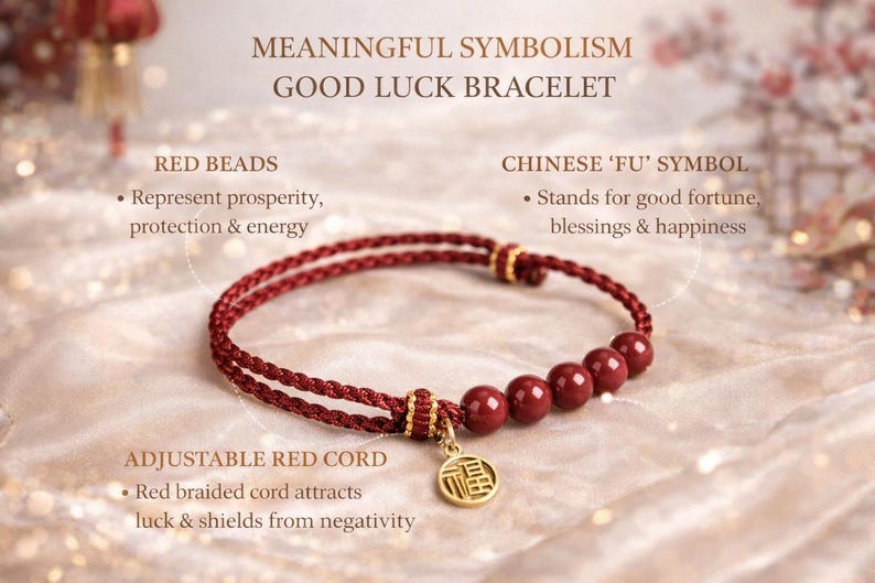 Good Luck Feng Shui Bracelet, Red String Wealth Bracelet with Fu Charm, Protection & Prosperity Bracelet, Adjustable Lucky Gift for Her bild 2