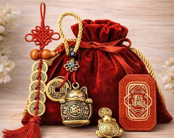 Feng Shui Wealth Amulet & Protection Talisman Set – Lucky Cat Keychain, Golden Turtle Amulet, Prosperity Charm Gift