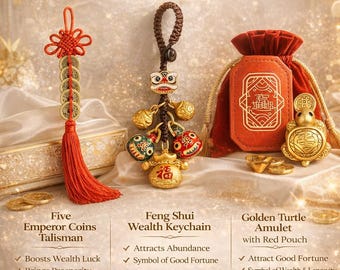 Lucky Wealth Protection Set – 3 Feng Shui Amulets, Five Emperor Coins, Golden Turtle, Red Pouch Gift for Prosperity & Good Fortune