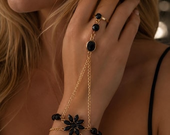 Bracciale a catena nero per la mano, gioielli gotici per la mano, bracciale da dito, catena boho per la mano, gioielli neri alla moda, bracciale vistoso per la mano, festival