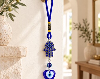 Blue Evil Eye Wall Hanging, Hamsa Hand Amulet with Heart Charm, Nazar Door Decor, Spiritual Gift , Lucky Gift , Evil Eye Charm