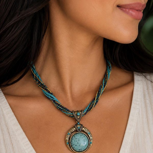 Boho Turquoise Statement Necklace, Turquoise Pendant Necklace for Women, Bohemian Jewelry, Western Necklace, Vintage Style Jewelry, Festival