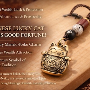 May include: A gold-coloured Japanese Lucky Cat charm, also known as Maneki-Neko, with a brown cord and decorative beads. The charm is a symbol of wealth, luck, and protection, and is a 17th-century symbol of Japanese tradition. The text on the image says "Japanese Lucky Cat Brings Good Fortune!"