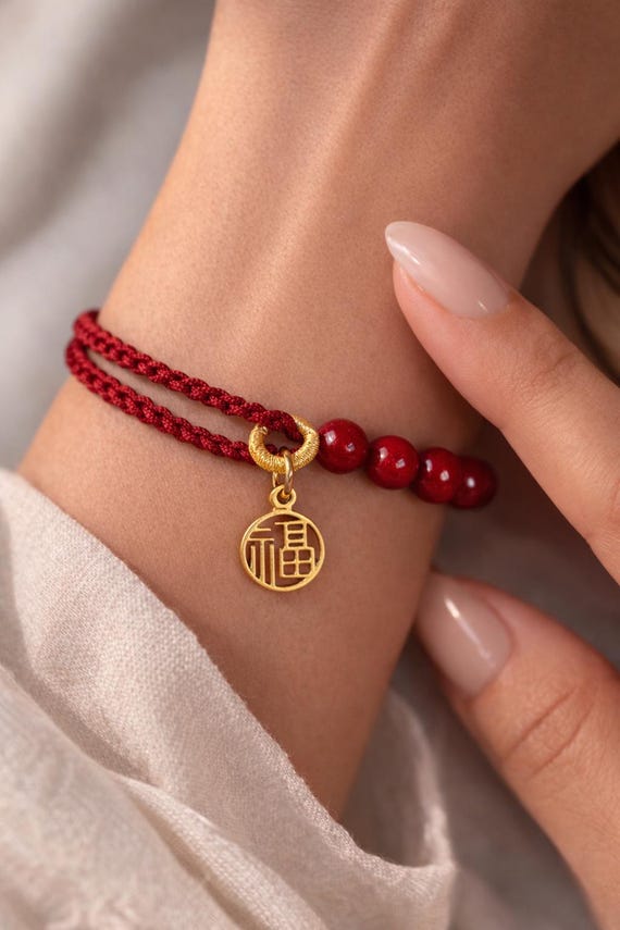 Good Luck Feng Shui Bracelet, Red String Wealth Bracelet with Fu Charm, Protection & Prosperity Bracelet, Adjustable Lucky Gift for Her