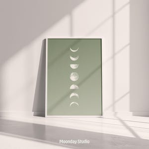 Impresión minimalista de fases lunares / Arte de pared relajante en verde salvia / Arte celestial para sobrecama