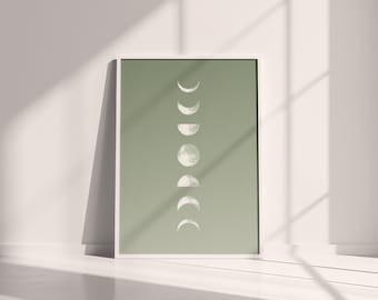 Minimalist Moon Phase Print | Relaxing Sage Green Wall Art | Above Bed Art Celestial Decor