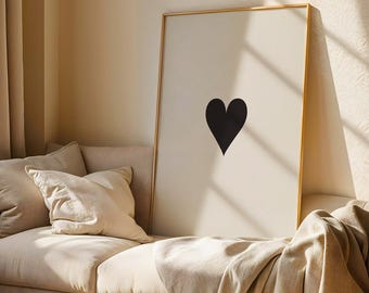 Minimalistisk svart hjärtaposter | Vintage Alla hjärtans dag-väggkonst | Trendigt elegant svartvitt tryck