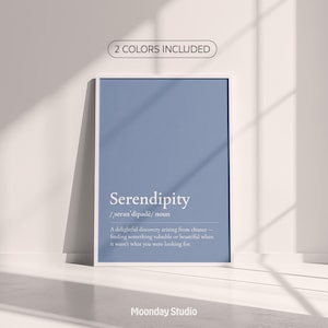 Serendipity Definition Print | Minimalistisk typografisk väggkonst | Inspirerande citatposter | Avkopplande blå sovrumsinredning bild 1