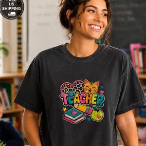 Lehrer-Shirt, süßes Katzen-Lehrer-Shirt, Patchwork-Lehrer-Shirt, Geschenkidee zum Schulanfang für Lehrer mit angedeuteter Stickerei