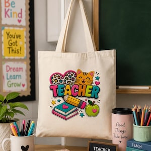 Image PNG d'enseignante, motif chat mignon, patchwork broderie imitation, sublimation pour la rentrée scolaire, téléchargement instantané