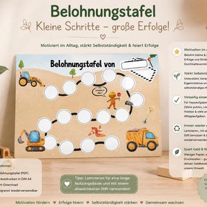 Könnte beinhalten: Eine Belohnungstafel mit dem Text "Belohnungstafel" und "Kleine Schritte - große Erfolge!" mit Illustrationen zum Thema Bau. Die Tafel enthält Felder für Aufkleber und eine Liste von Vorteilen. Sie soll motivieren und Erfolge feiern.