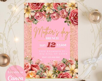 Convite floral para brunch do Dia das Mães, rosas cor-de-rosa e douradas, modelo editável no Canva (download digital)