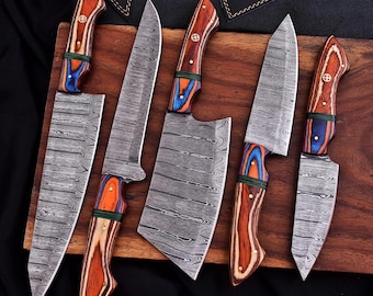 Handmade Damascus Chef set Of 5pcs With Leather,Damascus Knife Set,Damascus Chef Knife,Full Kitchen Knife Set,Damascus Chef Set,Wedding Gift