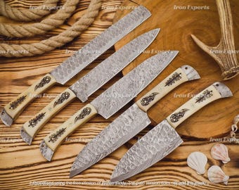 Handmade Damascus Steel Chef Knife Set | Camel Bone Handle, 5-Piece