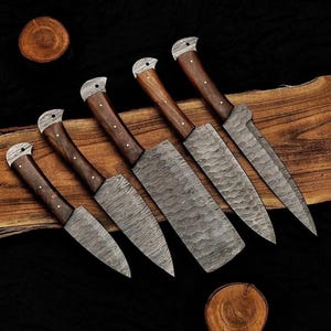 Handmade Damascus Chef set Of 5pcs With Leather,Damascus Knife Set,Damascus Chef Knife,Full Kitchen Knife Set,Damascus Chef Set,Wedding Gift
