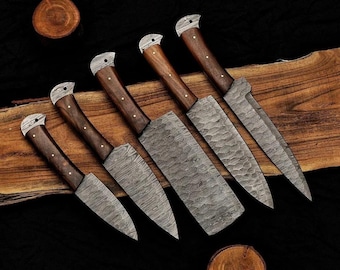 Juego de 5 cuchillos de chef de Damasco hechos a mano con cuero, juego de cuchillos de cocina de Damasco, juego completo de cuchillos de cocina de Damasco, regalo de boda.