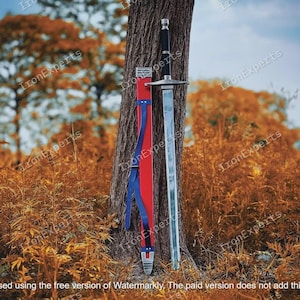 Puede incluir: Una espada larga y plateada con empuñadura negra y vaina roja y azul se apoya en un tronco de árbol. La hoja de la espada es larga y recta. La vaina es roja con correas azules. El fondo presenta follaje otoñal.