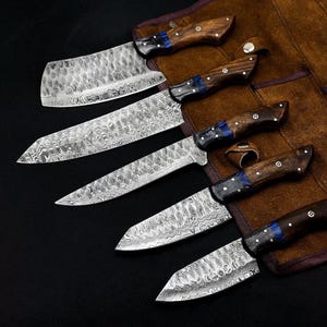 Handmade Damascus Chef set Of 5pcs With Leather,Damascus Knife Set,Damascus Chef Knife,Full Kitchen Knife Set,Damascus Chef Set,Wedding Gift