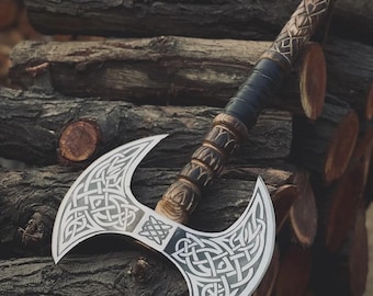 Hacha vikinga de doble filo forjada a mano: acero con alto contenido de carbono, mango de madera de fresno