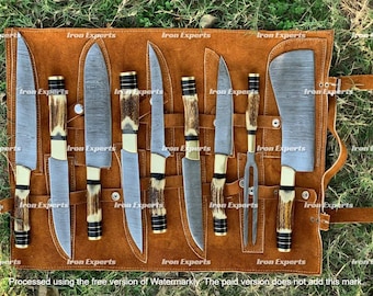 Handmade Damascus Chef Knife Set: 9-Piece Forged Kitchen Knives