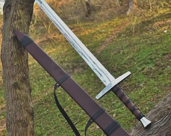 Espada larga medieval forjada a mano | Espada decorativa de acero al carbono con vaina | Objeto de fantasía coleccionable y accesorio de cosplay