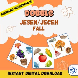 Può includere: Un gioco scaricabile digitalmente con la parola "Dobble" in un font a bolle. Il gioco presenta illustrazioni a tema autunnale, tra cui una mela rossa, una pera e una pannocchia di mais. È presente anche il testo "Jesen/Jecah Fall".