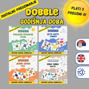 Dobble GODIŠNJA DOBA, ÅRSTIDER Hitta det-spel, serbiskt och engelskt ordförråd, illustrerad ordbok | Ćirilica i latinica | (Utskrivbart spel)