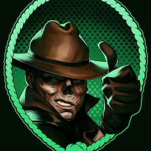 Könnte beinhalten: Ein Mann mit Schädelgesicht, der einen braunen Cowboyhut und einen grünen Schal trägt, zeigt den Daumen nach oben. Er ist in einem grünen Seilkranz vor einem grünen Hintergrund gerahmt.