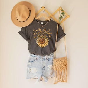 Sunflower Butterfly V-Neck T-Shirt: Floral Botanical Tee