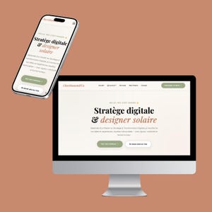 May include: A smartphone and a computer monitor displaying a website with the text "Stratège digitale & designer solaire." The website has a clean, modern design with a light color palette and a call to action button.